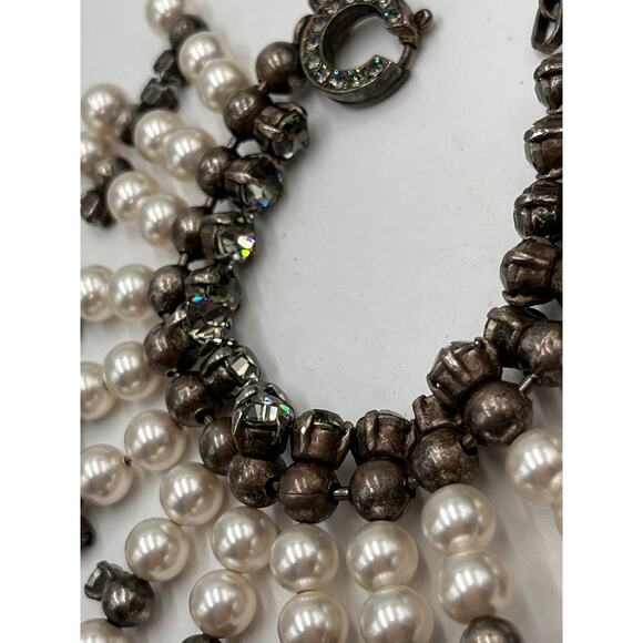 Lanvin White Faux Pearl Gray Crystal Beaded Toggle Antique Gunmetal Bracelet - Picture 8 of 10